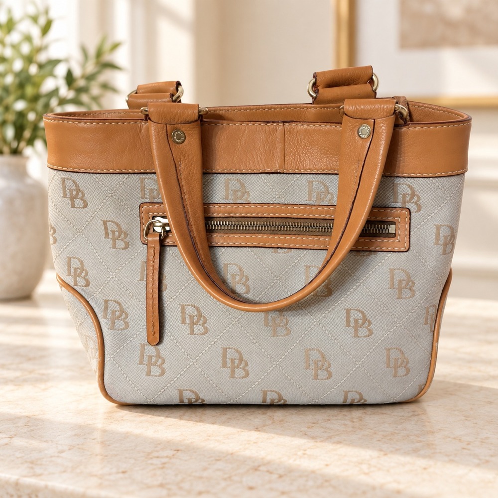 Dooney & Bourke Signature DB Monogram Tote Bag Tan Leather Trim Handbag